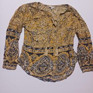 Lucky Brand L boho paisley top hippie resort w/tassels/embroidery yellow/blue